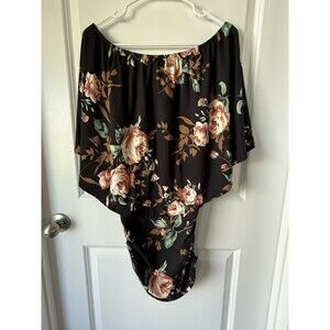 Black Floral Off Shoulder Ruched Side Flutter Boho Blouse‎ Medium Top Shirt Rose